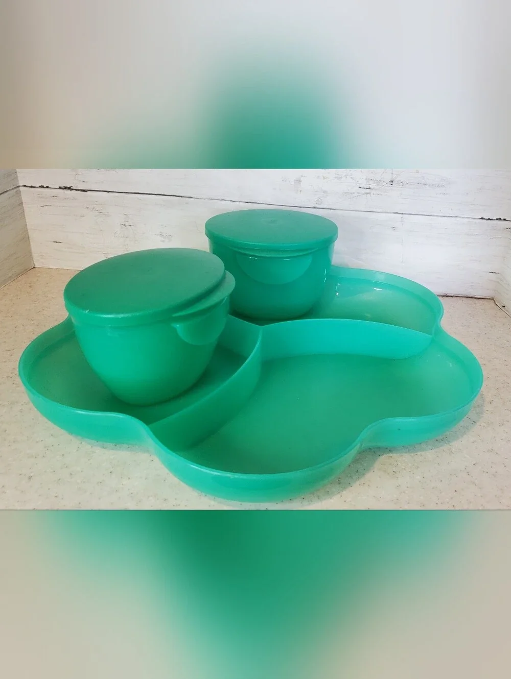 Tupperware Chip N Dip Set Toucan Teal Serving Tray Bowl 2 Dip Cups 6 Pc
